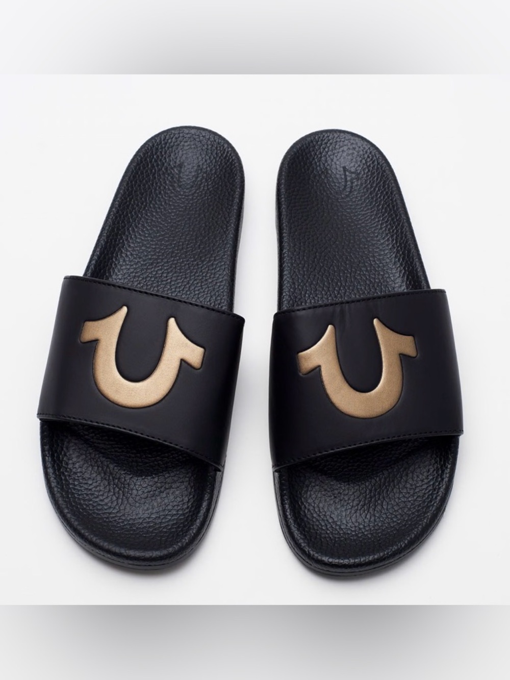 True Religion Horseshoe Black Slide Sandals Matte Gold Horseshoe Logo Size 43